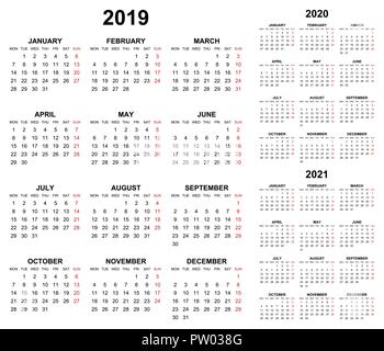 Simple editable vector calendars for year 2019 2020 2021 mondays first sundays in red Stock Vector