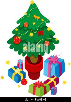 Decorated Christmas tree with gift boxes and ribbons. Flat illustration ...