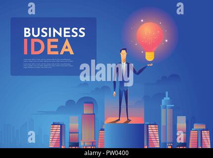 Businessman holds up a light bulb on top of the building. Leadership and Idea Concept Stock Vector