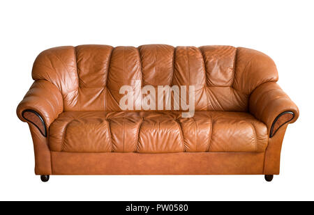 Brown leather sofa isolated on white background. Stock Photo