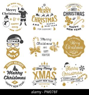 Set of Merry Christmas and 2019 Happy New Year stamp, sticker set with snowflakes, snowman, santa claus, candy, sweet candy, cookies. Vector. Vintage typography design for xmas, new year emblem. Stock Vector