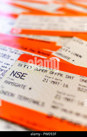 British railways ticket with others. Main ticket is Super offpeak day return, Ramsgate to London. Stock Photo
