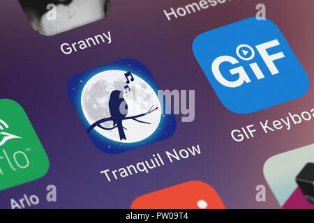 London, United Kingdom - October 11, 2018: Close-up shot of Zephyrmobile's popular app Tranquil Now - Relaxing Sounds. Stock Photo