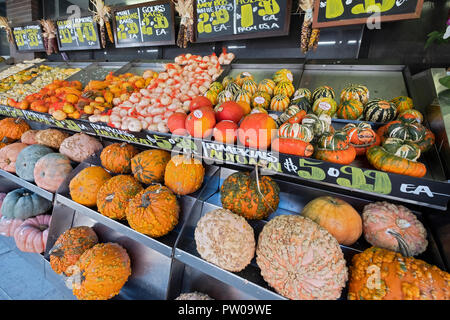 Pumpkins and gourds for sale at Westside Market on Third Avenue in Greenwich Village, Manhattan, New York City. Stock Photo