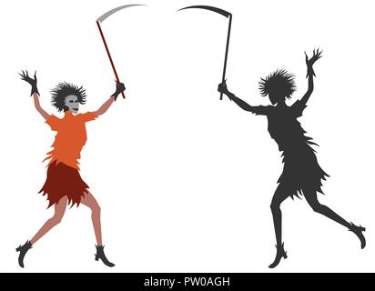 Girl dress in halloween costume with scythe in hand. Stock Vector