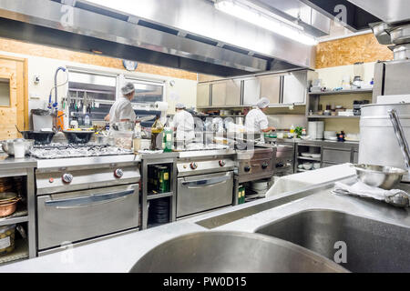 Kitchen staff busy with preparing food during lunch time in the restaurant Stock Photo