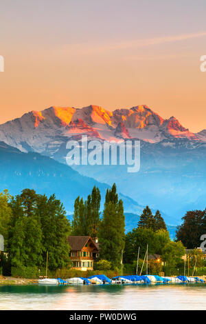 Lake Thun with the view towards the Swiss Alps in central Switzerland. Stock Photo