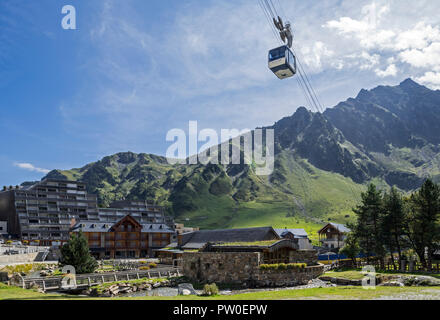 Cable car / gondola lift to the Pic du Midi de Bigorre from the village La Mongie, winter ski resort in Campan, Hautes-Pyrénées, France Stock Photo