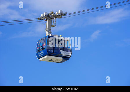 Cable car / gondola lift to the Pic du Midi de Bigorre from the village La Mongie, winter ski resort in Campan, Hautes-Pyrénées, France Stock Photo