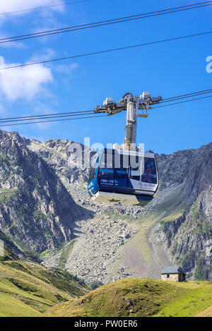 Cable car / gondola lift to the Pic du Midi de Bigorre from the village La Mongie, winter ski resort in Campan, Hautes-Pyrénées, France Stock Photo