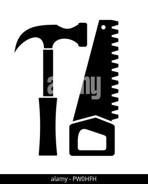 Hammer and saw vector isolated in black and white. perfect as a logo or sign for your store. Good for a logo on a workshirt or a company Stock Vector