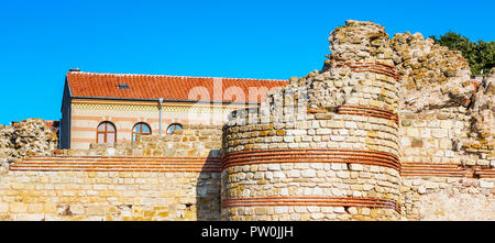 Ruins of the ancient wall around the town of Nessebar or Nesebar in Bulgaria panoramic banner Stock Photo