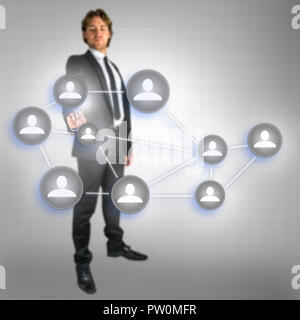 Young businessman using social media in virtual interface. Stock Photo
