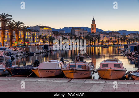 The port, the seaside promenade and the cathedral of Split at dusk, Split, Croatia, Europe Stock Photo