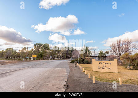 SUTHERLAND, SOUTH AFRICA, AUGUST 7, 2018: A street scene, with a welcome sign, at the entrance to Sutherland in the Northern Cape Province Stock Photo
