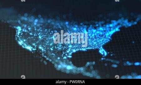 dark earth map with glowing details of city and human population density areas. wiew of america. 3d illustration Stock Photo