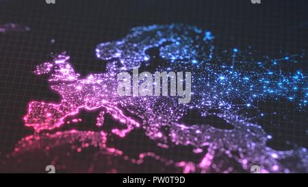 dark earth map with glowing details of city and human population density areas. wiew of europa. 3d illustration Stock Photo