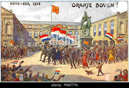 Armistice Day -  France crowds cheer as the French and Orange Boven  flags are  flown   (from a postcard of the time) Stock Photo