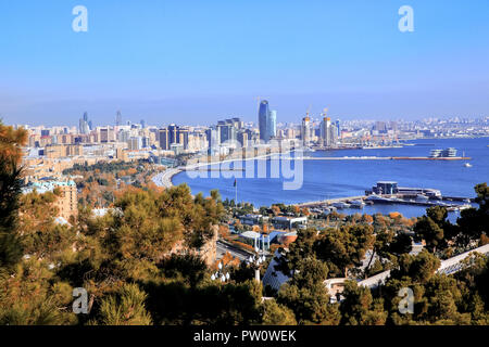 Baku cityscape with famous flagpole on the National Flag Square in Baku, Azerbaija Stock Photo