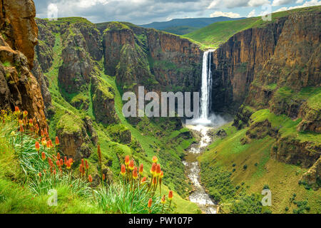 Maletsunyane Falls in Lesotho Africa. Most beautiful waterfall in the world. Green scenic landscape of amazing water fall dropping into a river inside Stock Photo