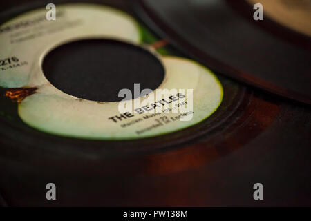 WOODBRIDGE, NEW JERSEY - October 11, 2018: A closeup of a 45 speed Beatles record on the Apple Records label Stock Photo