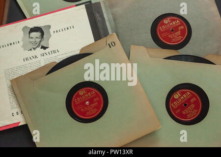 WOODBRIDGE, NEW JERSEY - October 11, 2018: 1940s era Frank Sinatra 78 RPM records on a black background. Stock Photo