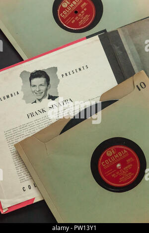 WOODBRIDGE, NEW JERSEY - October 11, 2018: 1940s era Frank Sinatra 78 RPM records on a black background. Stock Photo