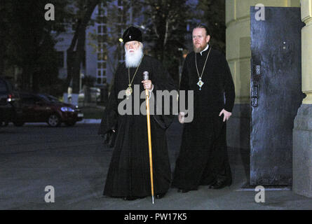 Kiev, Kiev, Ukraine. 11th Oct, 2018. Patriarch Filaret, the Ukrainian Orthodox Church of Kiev Patriarchy, (C) is seen on his arrival to the conference.The Ecumenical Patriarchate continues with the procedure of granting autocephaly to the Ukrainian Orthodox Church and he stated that the decision made during the meeting of the Synod of the Ecumenical Patriarchate is published on the Patriarchate's website. The Holy Synod also appeals to all sides involved that they should avoid appropriation of Churches, Monasteries and other properties, as well as every other act of violence and retaliati Stock Photo