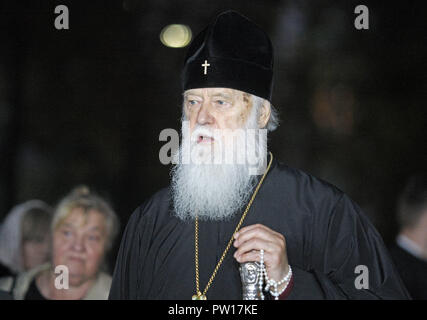Kiev, Kiev, Ukraine. 11th Oct, 2018. Patriarch Filaret, the Ukrainian Orthodox Church of Kiev Patriarchy seen speaking during the conference.The Ecumenical Patriarchate continues with the procedure of granting autocephaly to the Ukrainian Orthodox Church and he stated that the decision made during the meeting of the Synod of the Ecumenical Patriarchate is published on the Patriarchate's website. The Holy Synod also appeals to all sides involved that they should avoid appropriation of Churches, Monasteries and other properties, as well as every other act of violence and retaliation and als Stock Photo