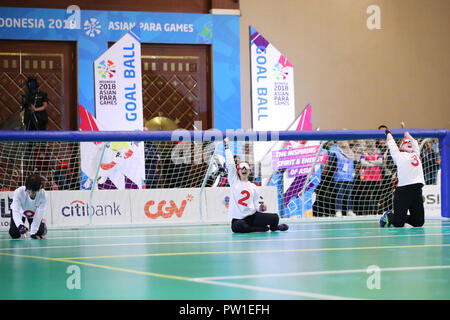 (L-R)  Masae Komiya,   /Rie Urata,  Eiko Kakehata (JPN), OCTOBER 12, 2018 - Goalball :  Women's Final match between Japan - China  at Balai Kartini  during the 3rd Asian Para Games in Jakarta, Indonesia.  (Photo by Yohei Osada/AFLO SPORT) Stock Photo