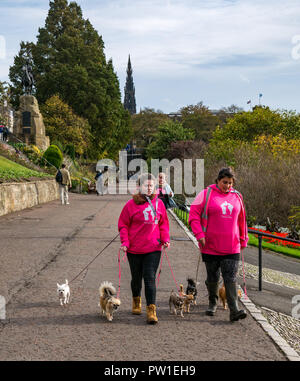 Princes Street Gardens, Edinburgh, Scotland, United Kingdom, 12th October 2018. UK Weather: A quiet morning in the city centre. Girls take Chihuahua dogs for a walk from the Edinburgh Chihuahua Cafe Stock Photo