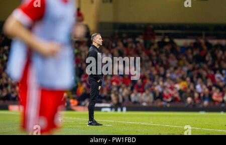 Cardiff, Wales, UK. 11th October 2018. Wales manager Ryan Giggs during the International challenge match between Wales and Spain at the Principality Stadium Credit: Mark Hawkins/Alamy Live News Stock Photo