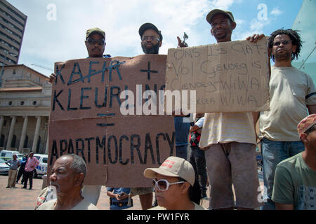 Johannesburg, South Africa, 12 October, 2018. Members of First Nation communities protested and delivered a letter to the provincial government in Johannesburg today. They also demanded an apology from South Africa's President. Descendants of South Africa's indigenous communities, including the San and the Khoi, were discriminated against and classified as 'coloured' by the Apartheid regime. That's a term that has largely remained in use here. 'Coloured' people have been marginalized by the government in the ‘new’ South Africa too, demonstrators said. Credit: Eva-Lotta Jansson/Alamy Live News Stock Photo