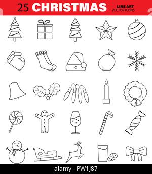 Set of Christmas Vector Line Icons. Tree, Bell, Ball, Snowflake, Candy, Candle and more. Editable Stroke. Stock Vector