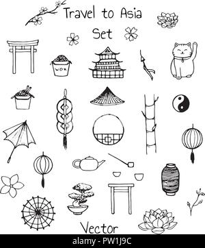 Vector asian set. Includes oriental elements: umbrellas, japanese lucky cats, coins, lanterns, bonsai, torii gates, noodles, traditional hat, tea pot, Stock Vector