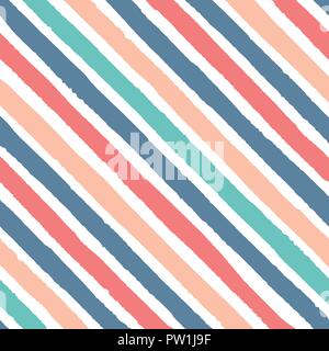 Hand drawn vector diagonal grunge stripes of red, blue, green and yellow colors seamless pattern on the white background. Stock Vector