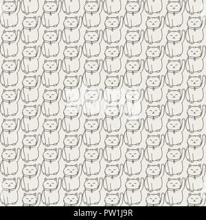 Vector hand drawn seamless pattern with japanese maneki neko lucky cats contours. Cute asian background. Stock Vector