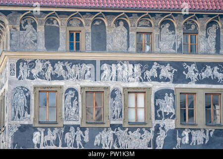 Side view of blue and white wall with decorative painting in Prague - Czech Republic Stock Photo