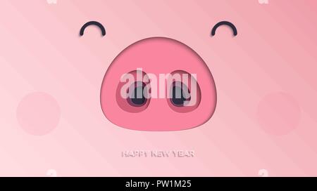 Happy New Year 2019 paper cut background. The Year of the Pig. Vector illustration of cute funny piglet face for your design Stock Vector