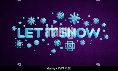 Let it snow light blue lettering with a fur or tinsel text effect over dark violet christmas background for your design Stock Vector