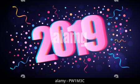 Happy New Year 2019 overlapping numbers with colorful round confetti over dark violet background for your graphic and web design Stock Vector
