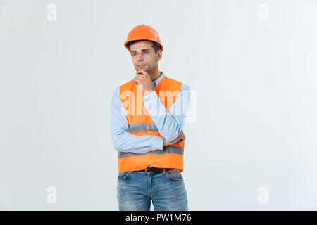 Construction engineer thinking, problem solving and solutions concept Stock Photo