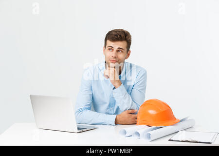 Construction engineer thinking, problem solving and solutions concept Stock Photo