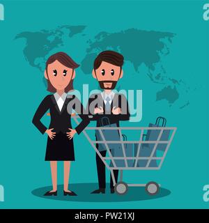 Business bankers with shopping bags inside cart cartoons vector illustration graphic design Stock Vector