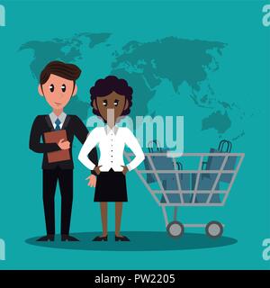 Business bankers with shopping bags inside cart cartoons vector illustration graphic design Stock Vector