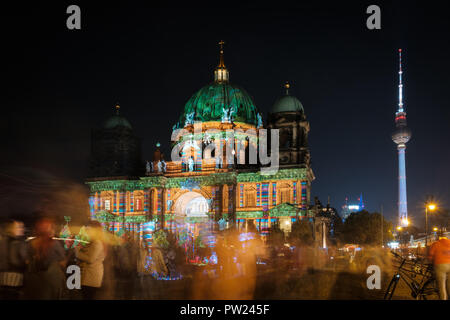 Berlin, Germany - october 2018: Illuminated landmark ( Berlin Cathedral / Berliner Dom) at night during Berlin leuchtet a.k.a. Festival of Lights Stock Photo