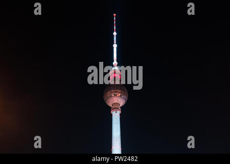 Berlin, Germany - october 2018: Illuminated landmark ( TV Tower / Fernsehturm) at night during Berlin leuchtet a.k.a. Festival of Lights in Berlin Stock Photo