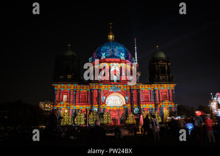 Berlin, Germany - october 2018: Illuminated landmark ( Berlin Cathedral / Berliner Dom) at night during Berlin leuchtet a.k.a. Festival of Lights Stock Photo