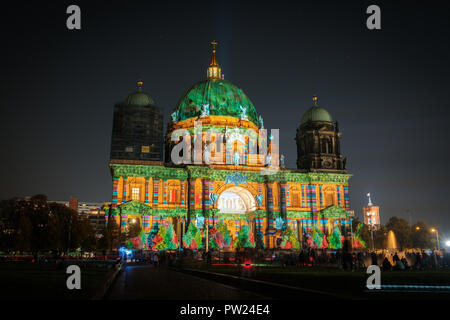 Berlin, Germany - october 2018: Illuminated landmark ( Berlin Cathedral / Berliner Dom) at night during Berlin leuchtet a.k.a. Festival of Lights Stock Photo