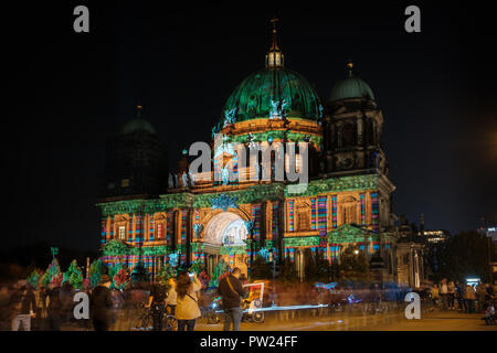 Berlin, Germany - october 2018: Illuminated landmark ( Berlin Cathedral / Berliner Dom) at night during Berlin leuchtet a.k.a. Festival of Lights Stock Photo